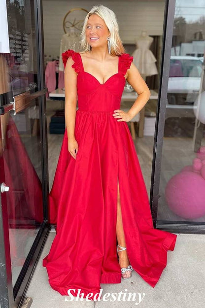 Ruffle Straps Red V-Neck A-Line Prom Dress with Slit