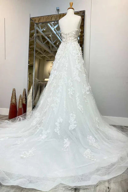 Aimishang Elegant A-Line White Floral Applique Sweetheart Long Wedding Dress with Sweep Train