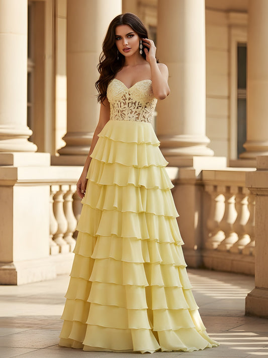 Voluminous Chiffon Dress with Exposed Lace-Up Back Lemon