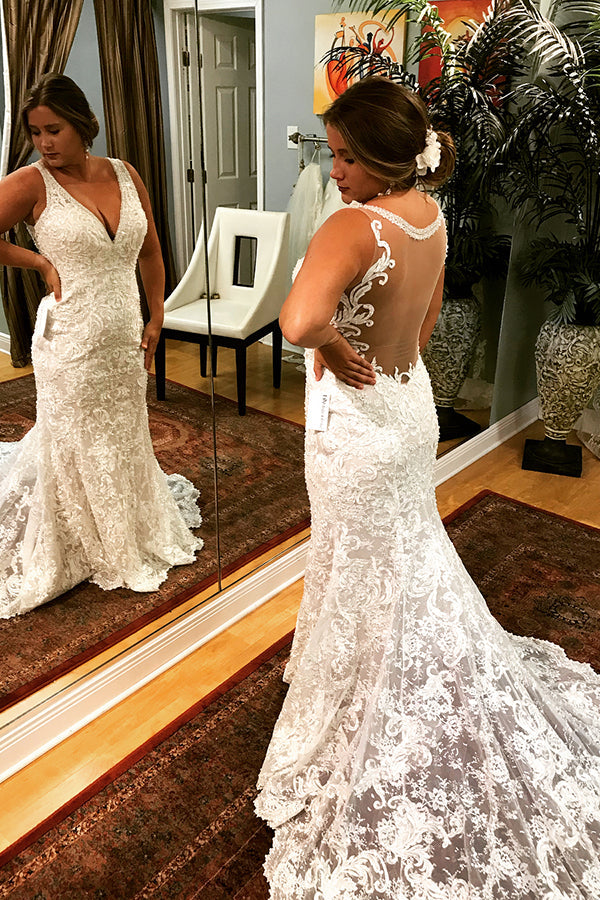 Long Mermaid V-Neck Ivory Wedding Dress with Train