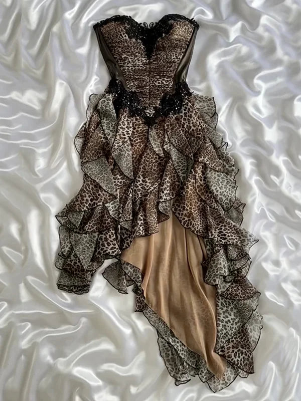 Vintage Leopard Print Strapless Ruffled Homecoming Dress Party Dress Cocktail Dress HZ1024