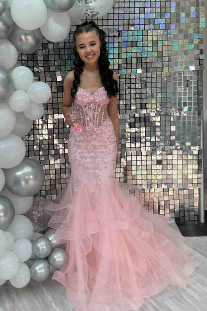 Vintage Pink Applique Strapless Sequin Evening Gown Mermaid Sweetheart Party Dress Long Formal Dress HZ1024