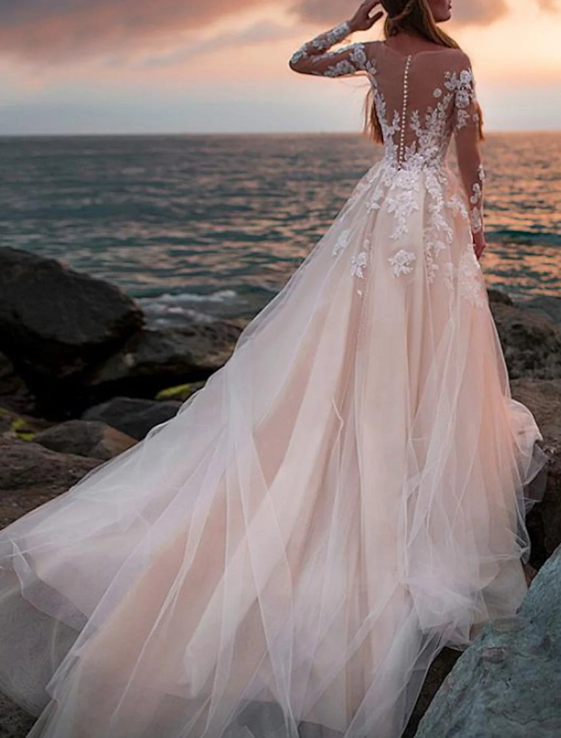 Aimishang Beach Open Back Wedding Dresses A-Line Illusion Neck Long Sleeve Court Train Lace Bridal Gowns With Appliques