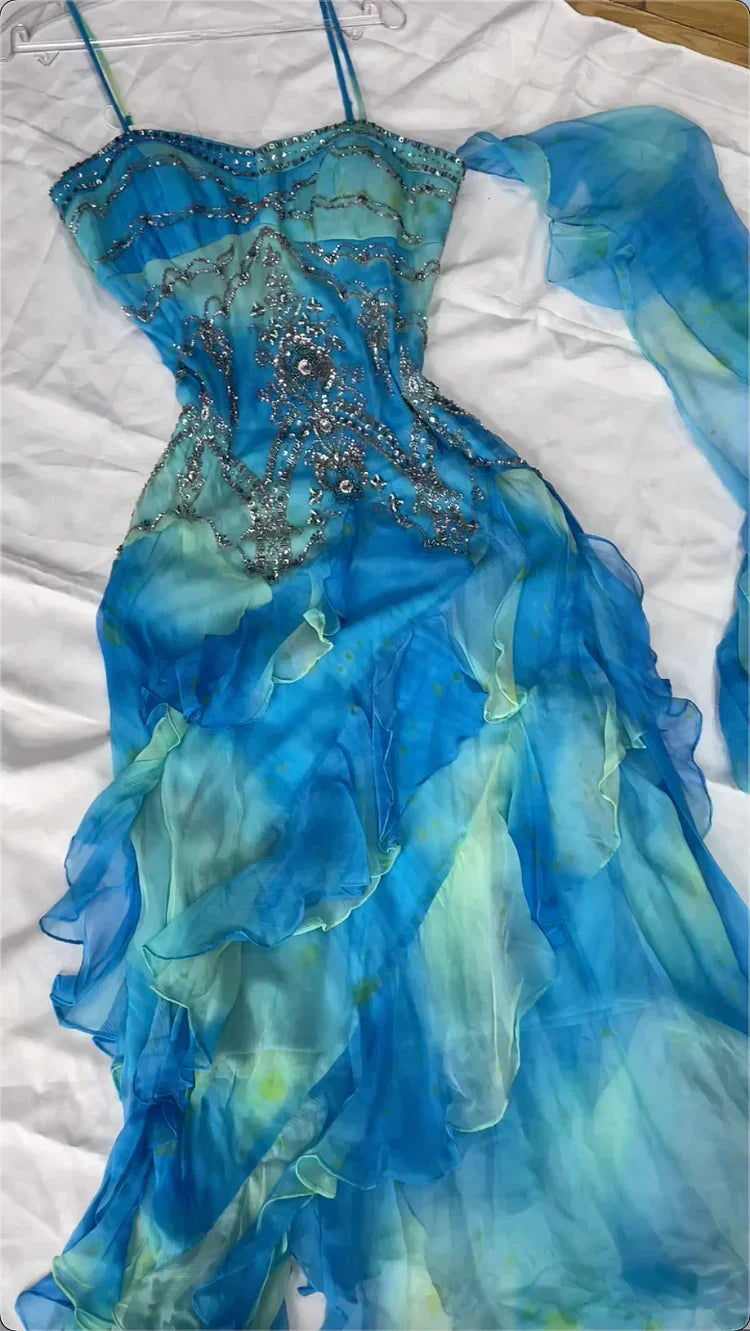 Vintage Blue Chiffon Prom Dress Sheath Ruffled Evening Dress Fairy Dress HZ1024