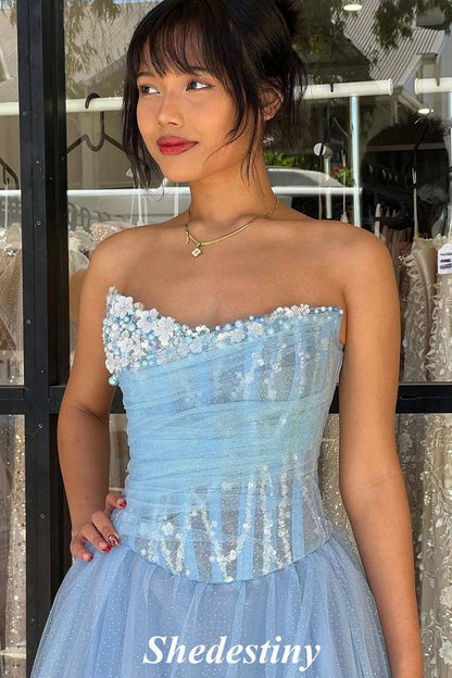 Illusion Corset Light Blue A-Line Tulle Prom Dress with Beaded Flower