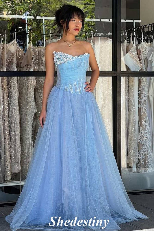 Illusion Corset Light Blue A-Line Tulle Prom Dress with Beaded Flower