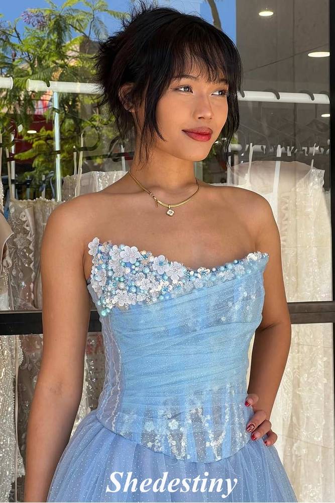 Illusion Corset Light Blue A-Line Tulle Prom Dress with Beaded Flower