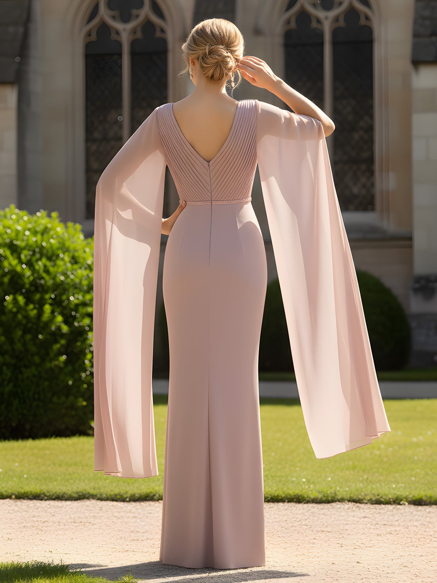 Pleated V-Neck Gown with Dramatic Long Cape Sleeves Dusty Rose