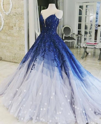 Blue Shiny Elegant V-Neck Applique Gradient Long Ball Gown Prom Dress Evening Dress Adult Ceremony Dress gh3104