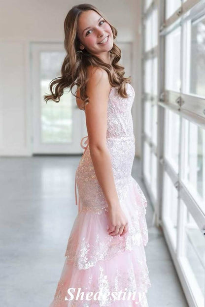 Sweetheart Pink Mermaid Sequin Tiered Ruffles Prom Dress