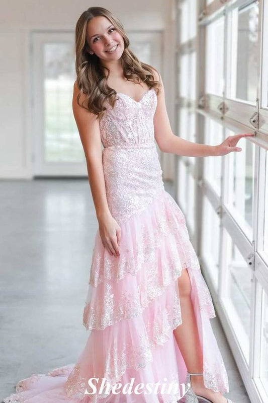 Sweetheart Pink Mermaid Sequin Tiered Ruffles Prom Dress