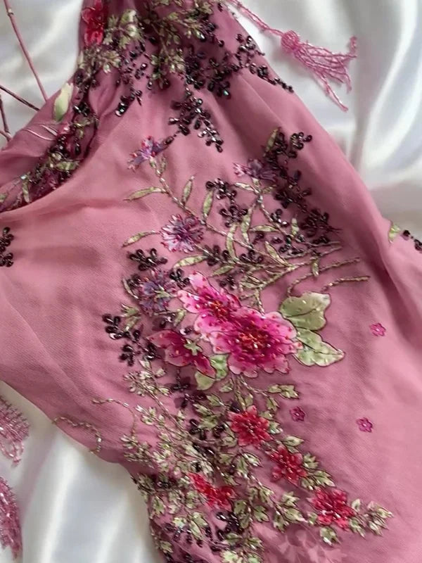 Vintage Pink Floral Embroidery Prom Dress Red Mermaid Evening Dress Satin Formal Dress HZ1024