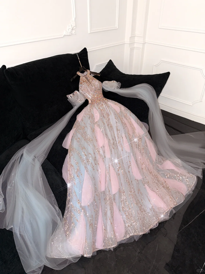 Gorgeous Shiny Pink Beaded Sequined Design A-Line Prom Dress Evening Dress Ball Gown HZ1024