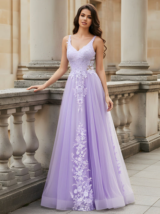 V-Neck Formal Dress with Sheer Lace Bodice Lilac