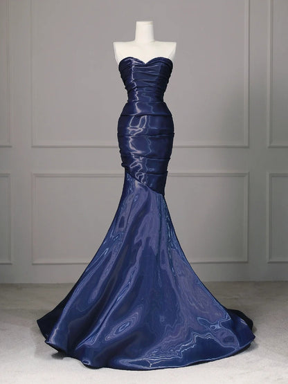 Elegant Navy Blue Mermaid Strapless Pleated Satin Long Prom Dress Evening Dress cc5282