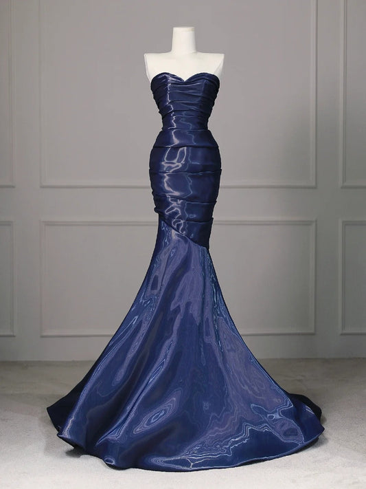 Elegant Navy Blue Mermaid Strapless Pleated Satin Long Prom Dress Evening Dress cc5282