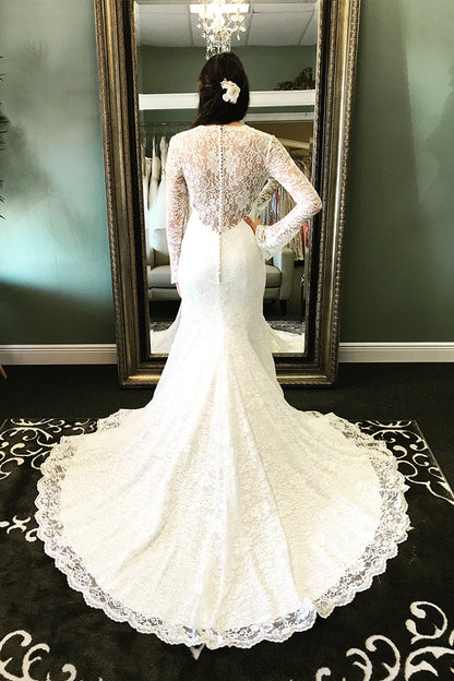 Mermaid Long Sleeves V-Neck Ivory Wedding Dress with Train