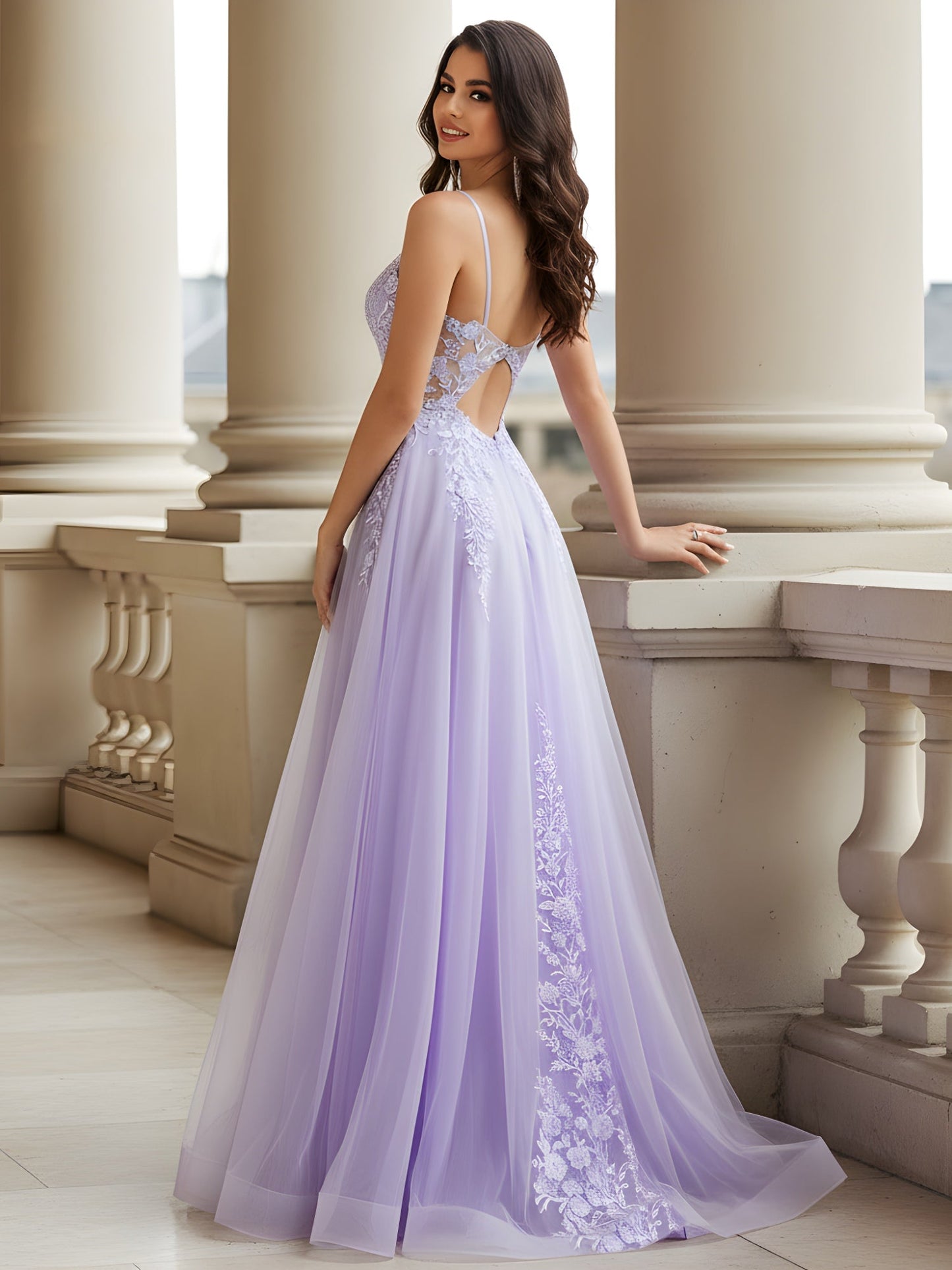 V-Neck Formal Dress with Sheer Lace Bodice Lilac