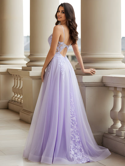 V-Neck Formal Dress with Sheer Lace Bodice Lilac