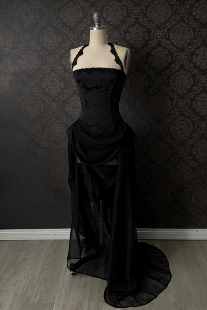 Black Vintage-Style Delicate Lace Long Evening Dress gh6881