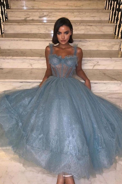 Gray blue tulle lace prom dress tulle lace evening dress