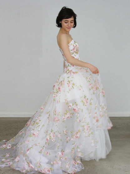 White lace tulle high low prom dress, white evening dress
