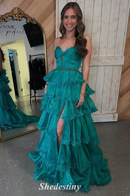 Keyhole Navy Sweetheart Ruffle Layered Prom Dress with Slit