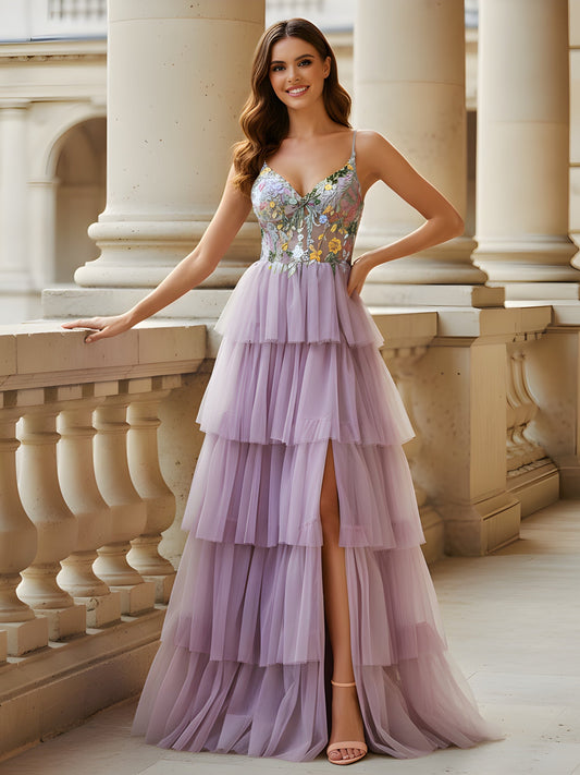 Spaghetti Strap Dress with Ruffled Skirt and High Slit Lilac