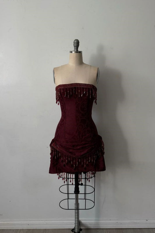 Burgundy Beaded Short Satin Birthday Party Dress gh6875