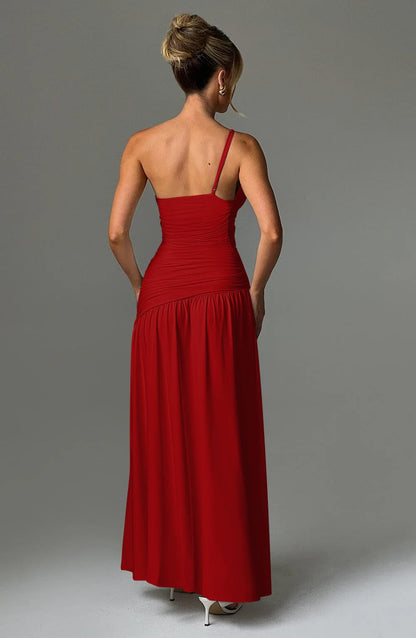 Red Women's Sexy One Shoulder High Split Ruched Cocktail Prom Formal Maxi Dress