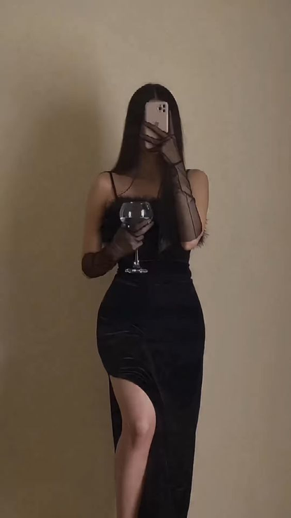 Fashion Velvet Strapless Feathers Black Evening Dress Slit Party Dress With Gloves cc1666