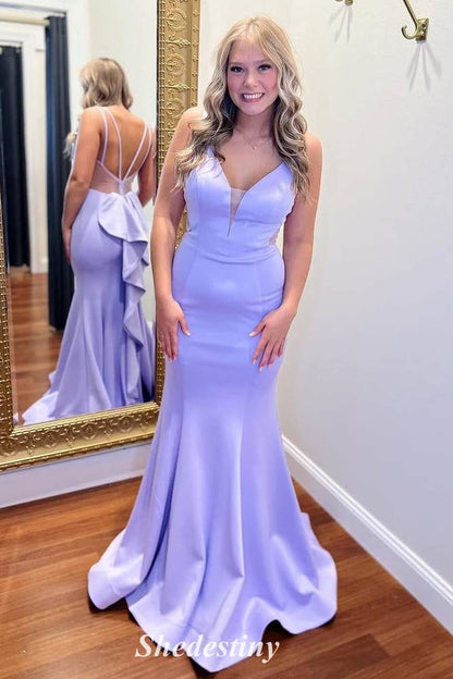V-Neck Purple Mermaid Prom Dress with Backside Ruching