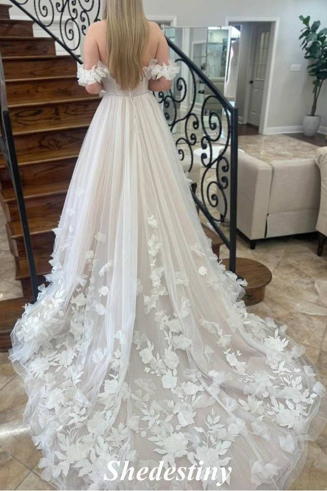 Ivory A-Line Off the Shoulder Court Train Wedding Dress with Applique
