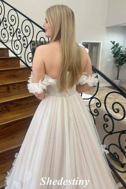 Ivory A-Line Off the Shoulder Court Train Wedding Dress with Applique