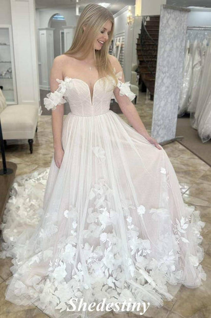 Ivory A-Line Off the Shoulder Court Train Wedding Dress with Applique