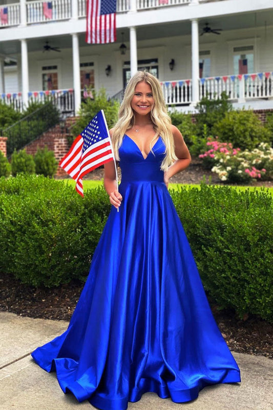 Simple blue v neck satin long prom dress blue evening dress