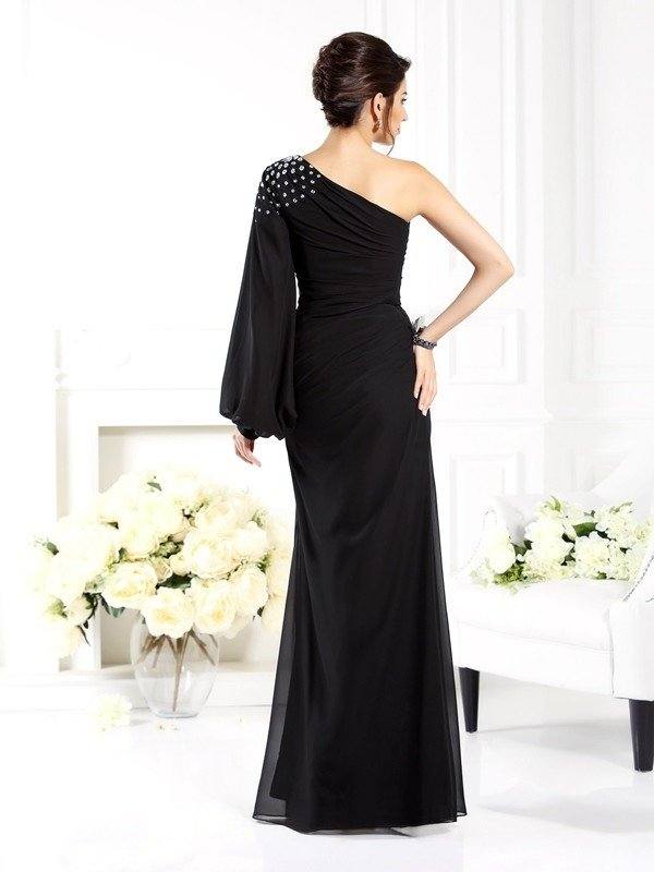 Sheath/Column One-Shoulder Beading Long Sleeves Long Chiffon Mother of the Bride Dresses - RongMoon