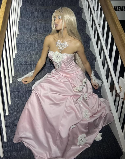 Pretty Ball Gown Strapless Pink Long Satin Prom Dresses Formal Evening Dress SD2394