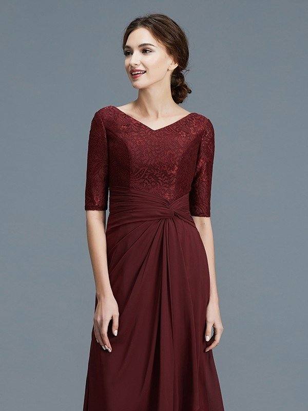 A-Line/Princess V-neck 1/2 Sleeves Ruffles Chiffon Floor-Length Mother of the Bride Dresses - RongMoon