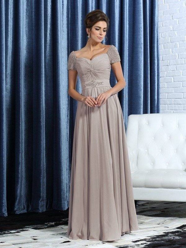 A-Line/Princess Sweetheart Beading Short Sleeves Long Chiffon Mother of the Bride Dresses - RongMoon