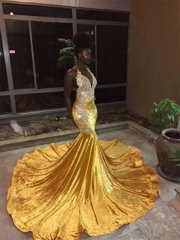 Trumpet/Mermaid Sleeveless V-neck Court Train Lace Velvet Dresses - RongMoon
