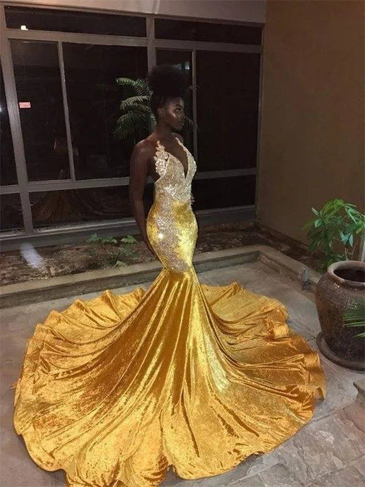 Trumpet/Mermaid Sleeveless V-neck Court Train Lace Velvet Dresses - RongMoon