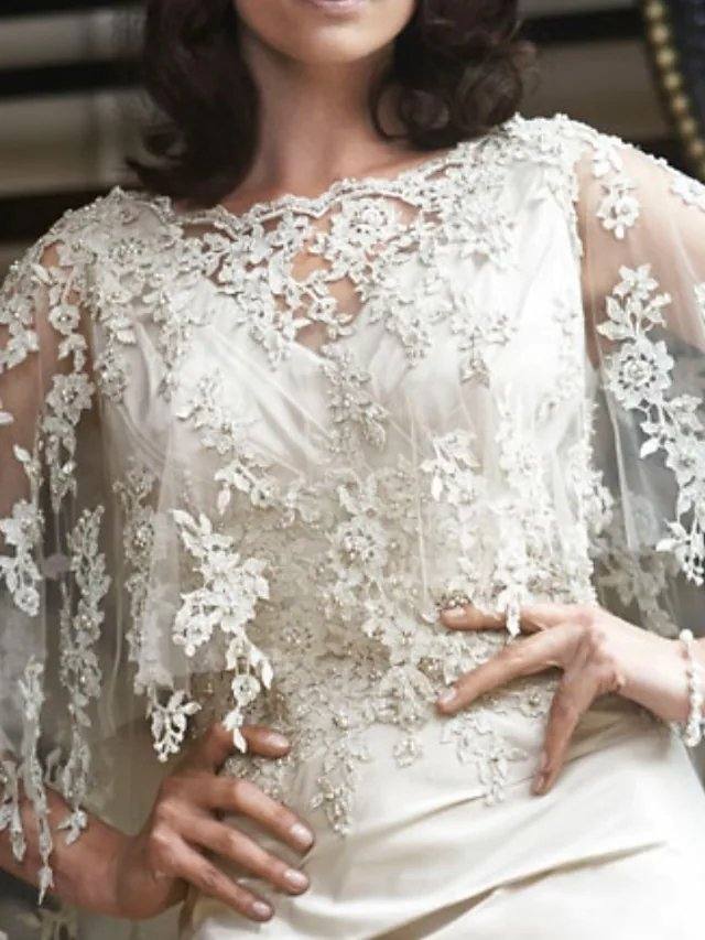 Sheath / Column Mother of the Bride Dress Elegant Jewel Neck Knee Length Lace Satin Tulle Long Sleeve with Appliques Ruching - RongMoon