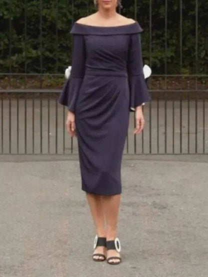 Sheath / Column Mother of the Bride Dress Elegant Off Shoulder Tea Length Stretch Fabric Long Sleeve with Ruching Flower - RongMoon