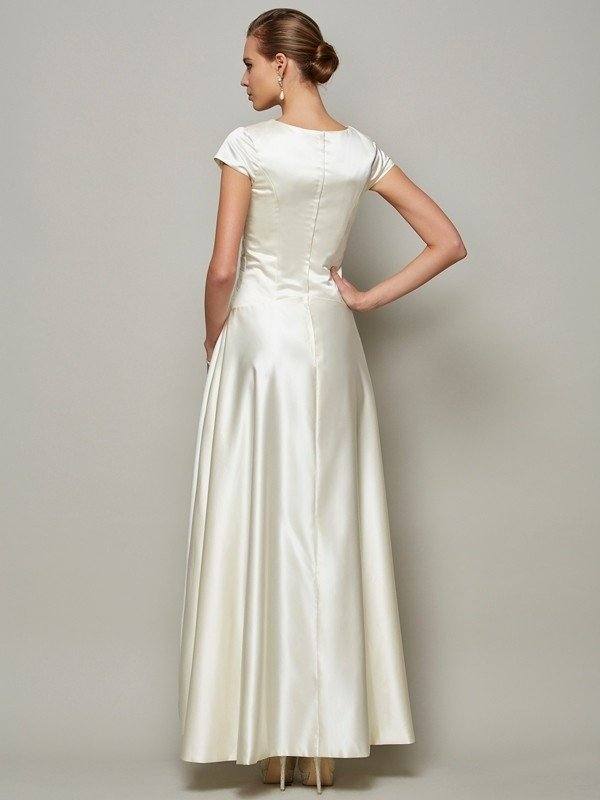 A-Line/Princess Scoop Short Sleeves Beading Long Satin Mother of the Bride Dresses - RongMoon