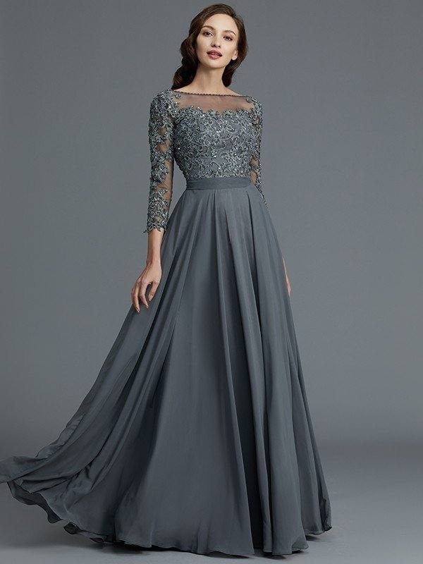 A-Line/Princess 3/4 Sleeves Bateau Floor-Length Chiffon Mother of the Bride Dresses - RongMoon