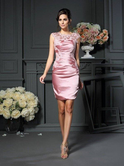 Sheath/Column Scoop Applique Sleeveless Short Elastic Woven Satin Mother of the Bride Dresses - RongMoon