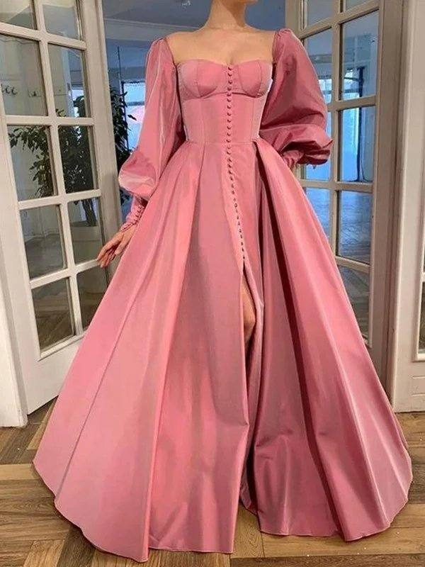 A-Line/Princess Long Sleeves Square Ruffles Satin Floor-Length Dresses - RongMoon