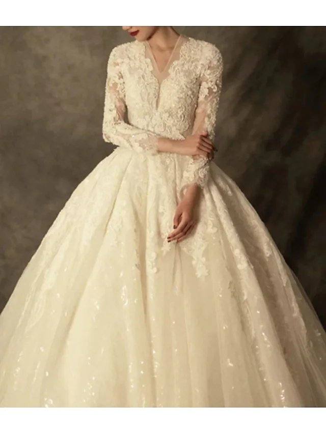 A-Line Wedding Dresses Jewel Neck Sweep / Brush Train Lace Tulle Long Sleeve Vintage Luxurious with Appliques - RongMoon