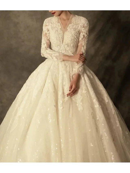 A-Line Wedding Dresses Jewel Neck Sweep / Brush Train Lace Tulle Long Sleeve Vintage Luxurious with Appliques - RongMoon